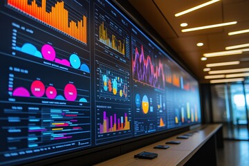 Naklejka premium Engaging digital marketing strategy presentation in a modern conference room with vibrant analytics