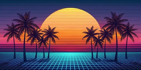 Fototapeta premium Retro Sunset Palm Trees with Grid Ground, 80s , synthwave , summer