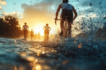 Triathletes racing at sunset, showcasing the thrill of swimming, cycling, and running