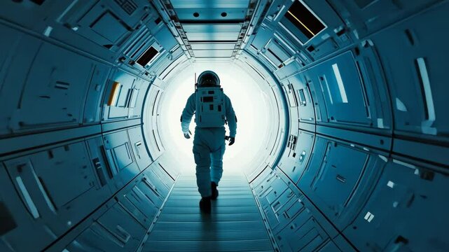 An astronaut walks down a corridor towards the bright light at the end of the tunnel