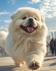 Fluffy White Dog Running Towards Camera on Urban Walkway