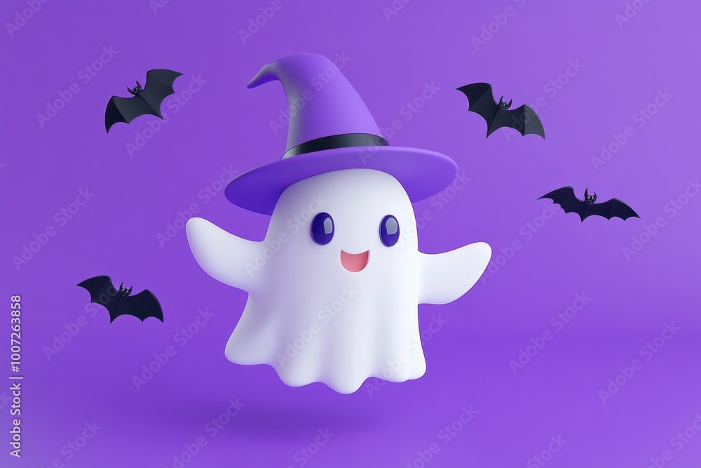 Poster 3d render of a cute, minimalistic cartoon ghost with a purple witch hat, flying on a solid color bac
