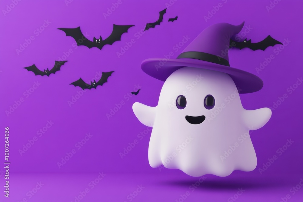 Poster 3d cartoon render of a cute, minimalistic white ghost character with a purple witch hat, floating on