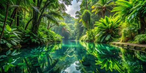 Fototapeta premium Tranquil Reflections in a Lush Rainforest Creek, Wide Shot, Tranquil Water, Dense Foliage, Tropical Paradise, nature, rainforest