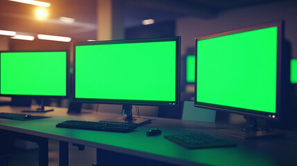 computer led monitors with green screen chroma key indoor modern office screens monitor mockup realistic location furniture loft work station environment atmosphere