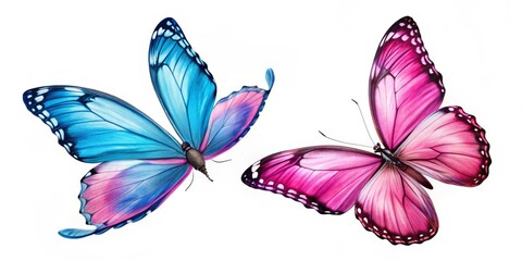 Two Vibrant Butterflies Blue and Pink Wings on a White Background, butterfly, insect, nature