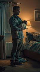 Fototapeta premium Father Holding Sleeping Baby in Bedroom at Night