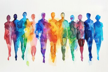 A group of people are painted in different colors, with some being blue, yellow, generative ai image