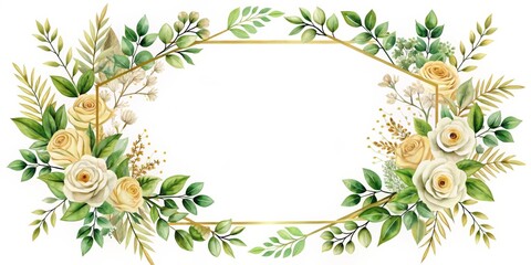 Watercolor Floral Frame with Golden Geometric Border and White Roses, Botanical, Wedding, Floral Frame