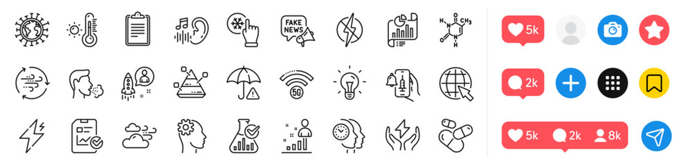 Power, Idea and Coronavirus line icons pack. Social media icons. Windy weather, Risk management, Antistatic web icon. Freezing click, Chemistry lab, Stats pictogram. Vector