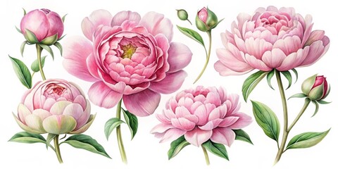 Fototapeta premium Watercolor Peony Flowers with Green Leaves and Buds, Botanical Art, Floral Design, Flower Illustration, Peony, Watercolor, Floral