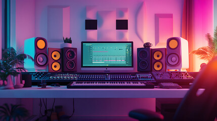 Fototapeta premium A Vibrant Recording Studio with a White Wall and Innovative Sound Equipment for Creative Music Production