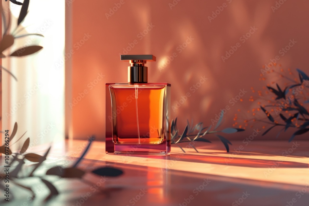 Poster a close-up view of a bottle of perfume on a table