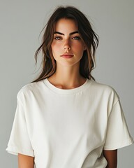 Woman with Brown Hair and Freckles Wearing White T-Shirt Looking at Camera