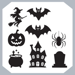 Fototapeta premium Set of logotype different type of black simple Halloween vector illustration silhouettes in white background, collection of Halloween silhouettes