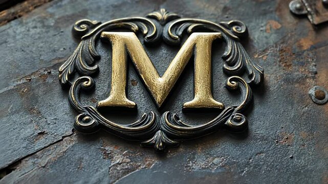A gold letter M sits within a black, ornate frame on a dark, textured surface