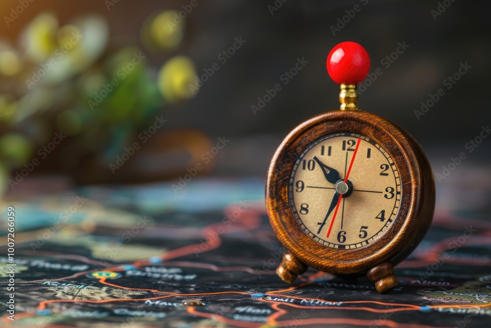 Poster a small clock sits atop a map, symbolizing time and navigation