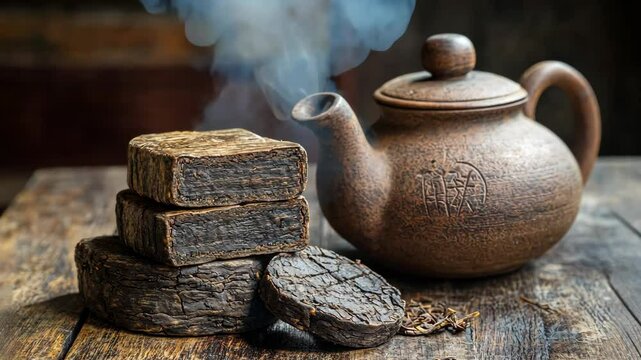 A teapot sits on a wooden table beside compressed tea bricks, ready for a relaxing tea ceremony