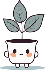 Cute lovely houseplant vector art. Kawaii faces on flower pot with plant. Cartoon style for print.