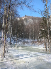 A serene winter landscape featuring a frozen river surrounded by a forest of birch and evergreen trees
