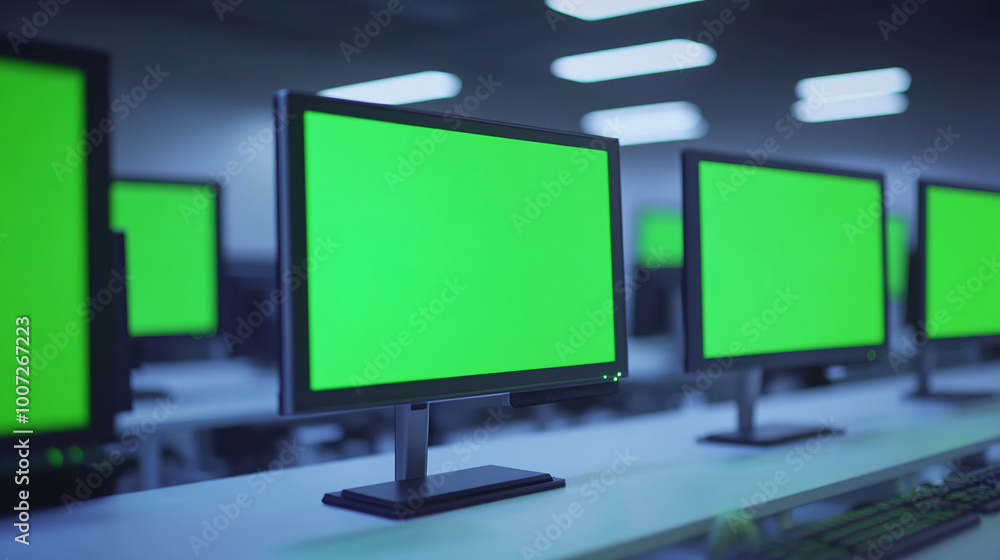 Aufkleber 3d realistic render of computer monitors with green screen in office chroma key stack of screens in 