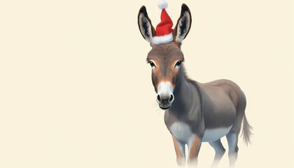 Photorealistic masterpiece donkey with Christmas cap on a right side of a cream color background looking in camera, only top of body, detailed