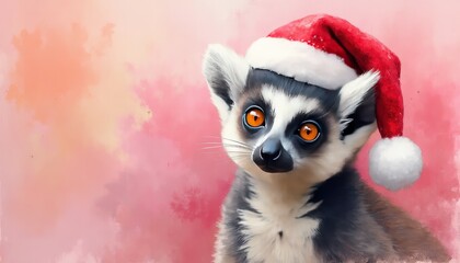 Photorealistic masterpiece lemur with Christmas cap on a right side of a rose color background looking in camera, only top of body, detailed