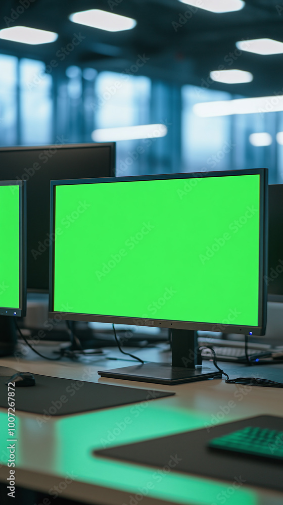 Poster 3d realistic render of computer monitors with green screen in office chroma key stack of screens ver