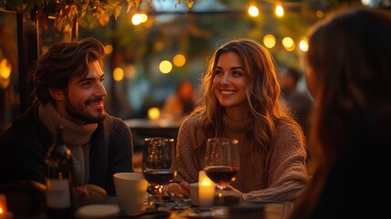 Friends enjoying a cozy rooftop dinner under string lights during a warm evening gathering