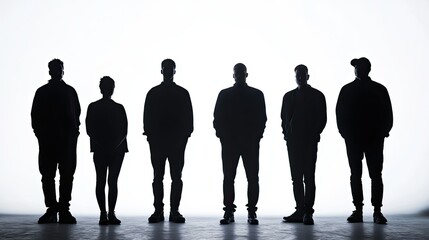 Six Silhouettes Standing in a Row Against a White Background