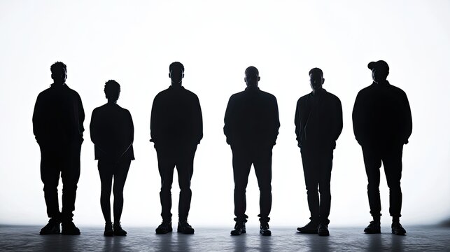 Six Silhouettes Standing in a Row Against a White Background