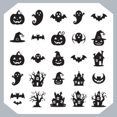 Obraz premium Set of logotype different type of black simple Halloween vector illustration silhouettes in white background, collection of Halloween silhouettes