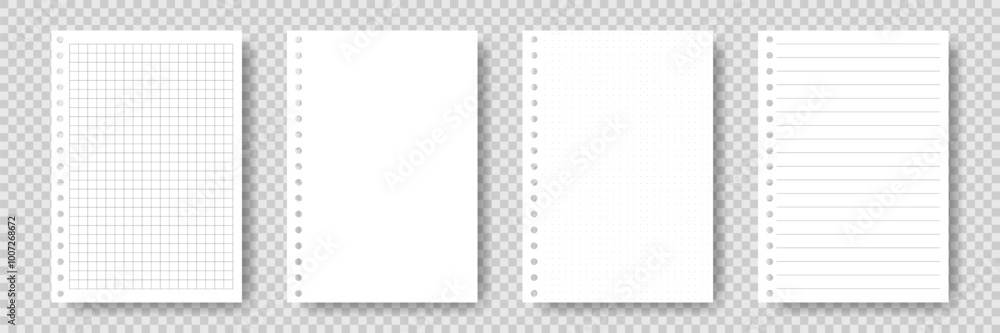 Poster set of paper sheets from notebook. school copybook page with lines grid dots. realistic white sheet 