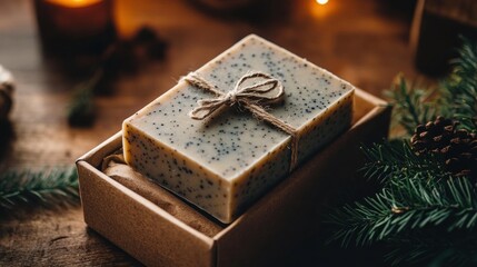 Artisan soap with poppy seeds, tied with jute string in a rustic gift box, with pine branches and candles. Concept Ecofriendly, Sustainable, Zero Waste, Soap Bar