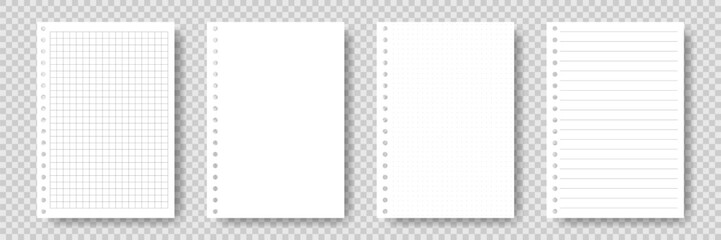 Set of Paper sheets from notebook. School copybook page with lines grid dots. Realistic White sheet for notes. Notepad for education. Blank notepaper with shadow isolated. Element for design