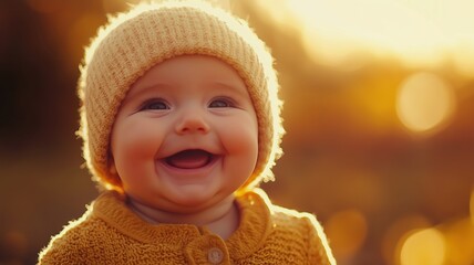 Happy baby smiling against a warm, golden bokeh background, creating a soft and joyful atmosphere.