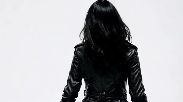 A woman in a black leather jacket walks away from the camera, her long dark hair flowing behind her