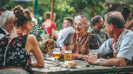 an elderly woman in a dirndl enjoying a beer with her adult children and their family dog at a festive backyard party at an Oktoberfest celebration