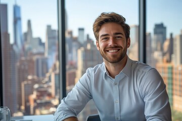 Successful businessman enjoying a stunning New York skyline view while smiling in his modern office