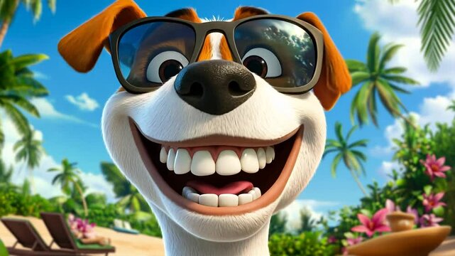 Joyful Animated Dog Wearing Sunglasses at a Tropical Beach Generative AI