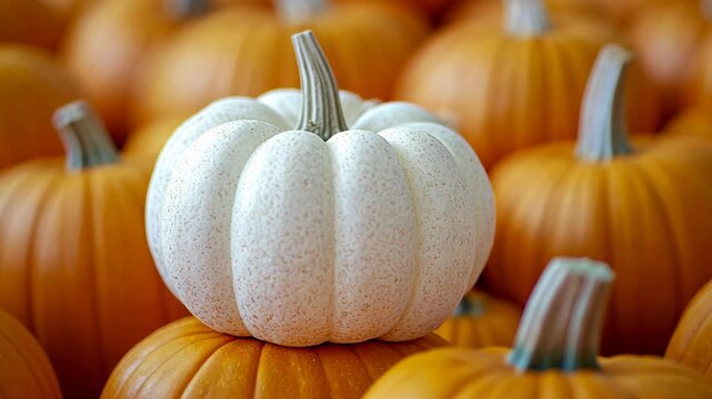 A white pumpkin sits atop a pile of orange pumpkins