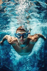 Naklejka premium A man swims in a pool while wearing goggles, focusing on his strokes