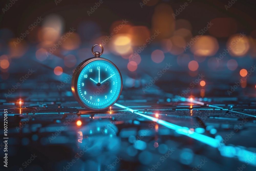 Aufkleber clock sits on top of a computer keyboard, a common office setup