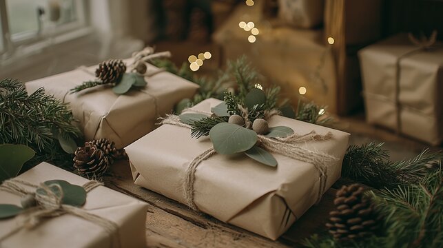 Eco-friendly christmas gifts wrapped in brown paper with natural decorations like pinecones and greenery, highlighting sustainable holiday practices.