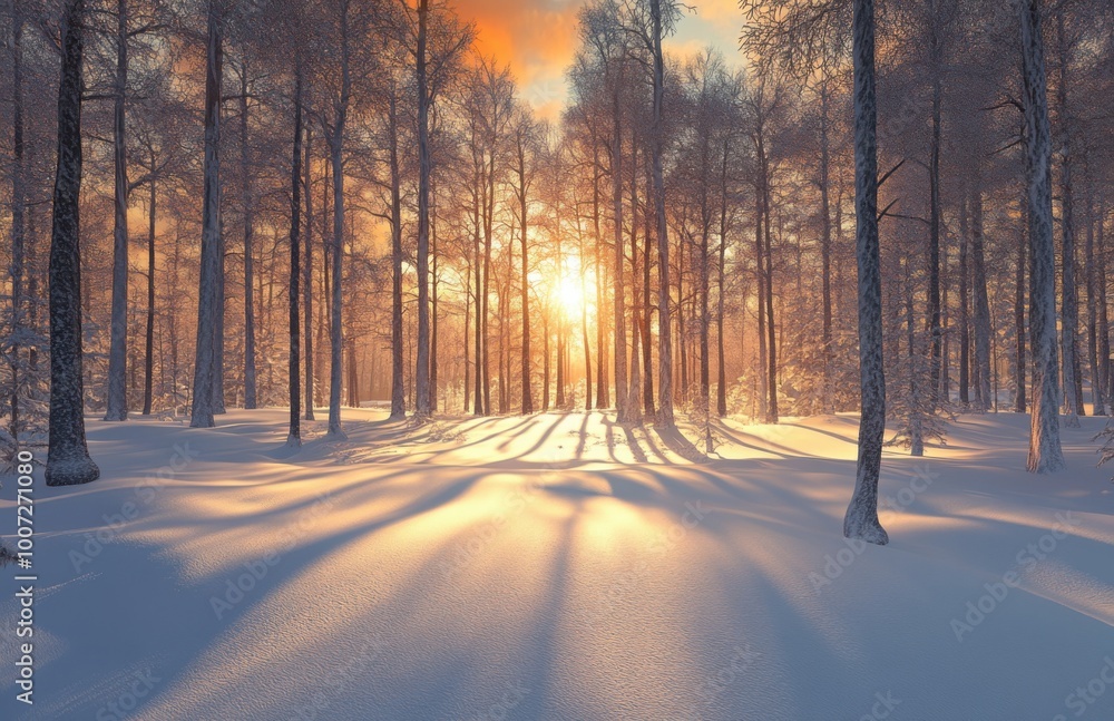 Poster a serene winter landscape with tall trees covered in snow, the sun setting behind them casting long 
