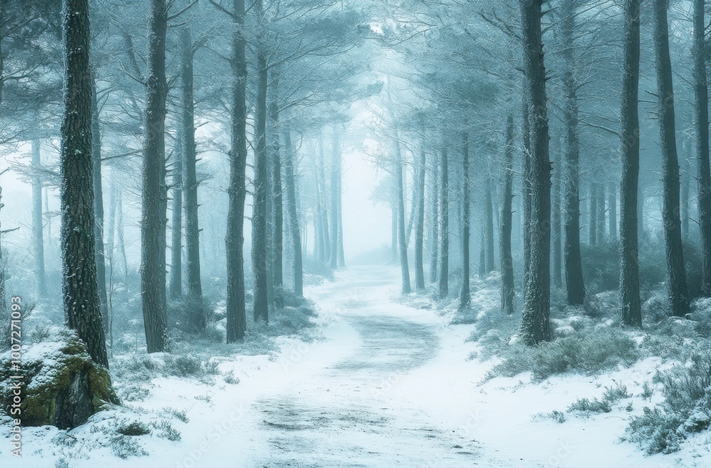Poster A photo of a snowy pine forest with tall trees and fog, a path leading to the horizon in front of it, misty, light blue tones