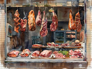 A busy butcher shop displaying a variety of fresh meats in an urban market setting during daylight hours
