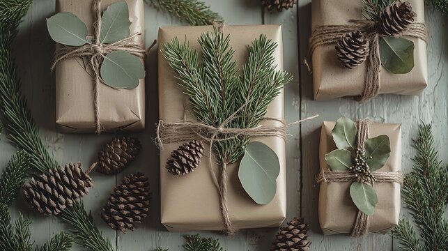 Eco-friendly christmas gifts wrapped in brown paper with natural elements like pinecones and leaves, promoting sustainable holiday practices.
