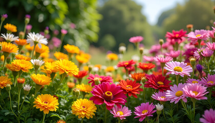 Obraz premium Vibrant flower garden with colorful blooms, cheerful mood, sunny day, natural beauty