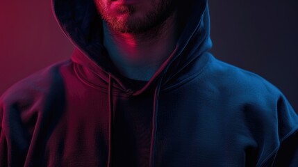 A person wearing a hoodie stands in front of a bright red light, likely used for photography or lighting